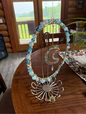 Handcrafted Blue Beaded Crescent Moon Pendant Sun Catcher